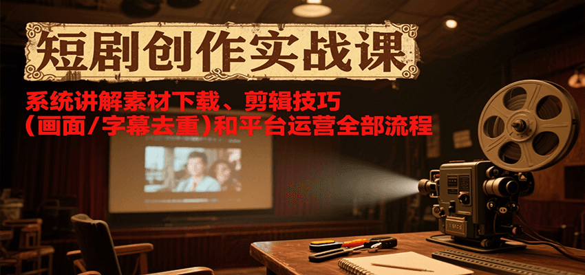 短剧创作实战课，系统讲解素材下载、剪辑技巧（画面/字幕去重）和平台运营全部流程