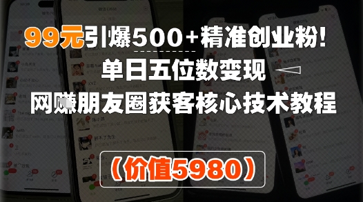 99元引爆500+精准创业粉！单日五位数变现，网创朋友圈获客核心技术教程