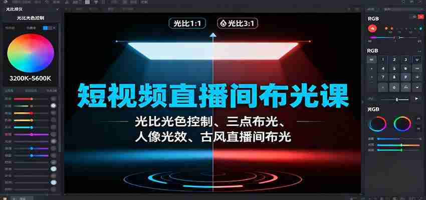 短视频直播间布光课：光比光色控制、三点布光、人像光效、古风直播间布光