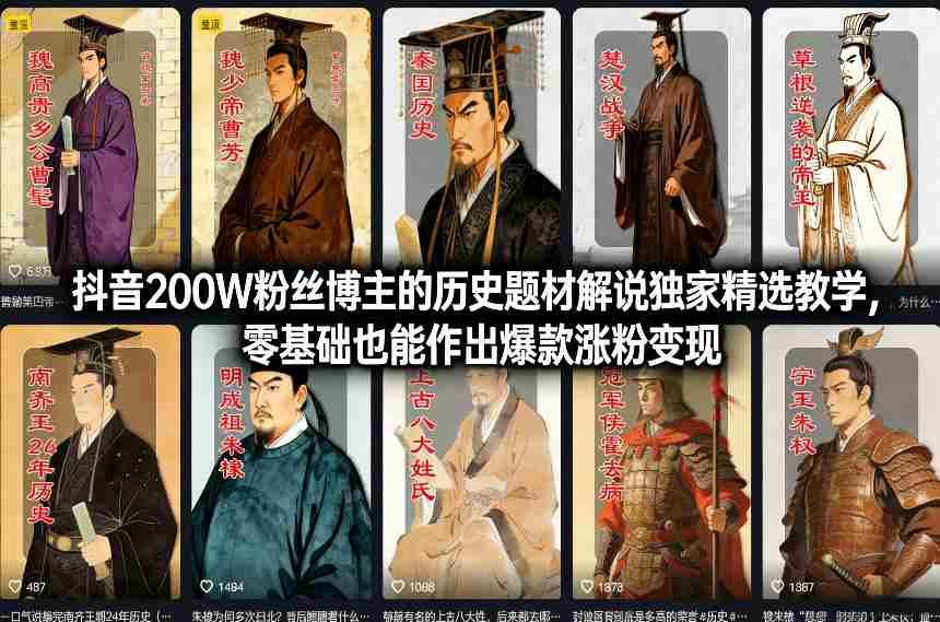 抖音200W粉丝博主的历史题材解说独家精选教学，零基础也能作出爆款涨粉变现