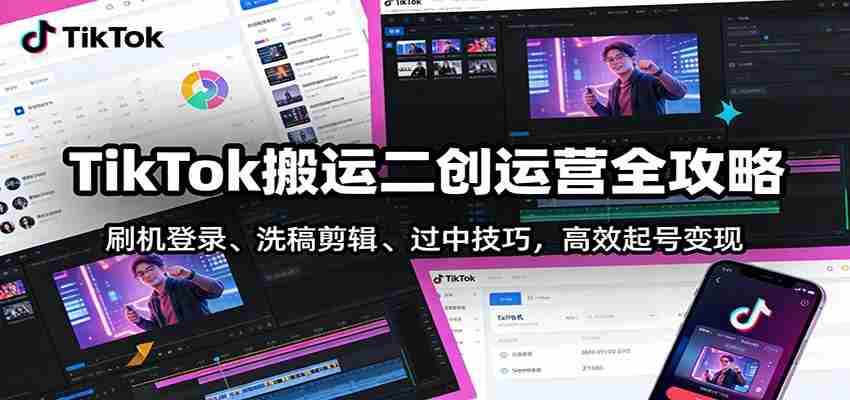 TikTok搬运二创运营全攻略：刷机登录、洗稿剪辑 、过中技巧，高效起号变现