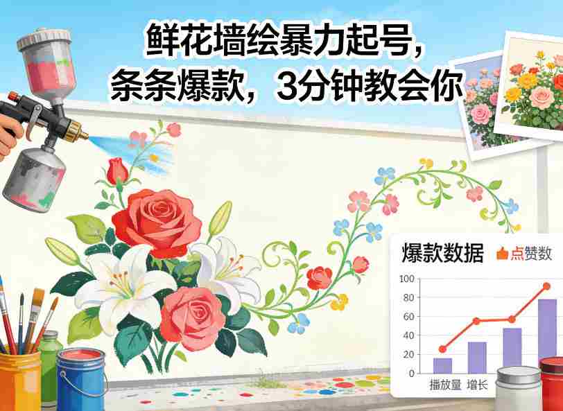 鲜花墙绘暴力起号，条条爆款，3分钟教会你