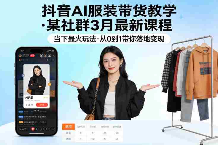 抖音AI服装带货教学，某社群3月最新课程，当下最火玩法，从0到1带你落地变现