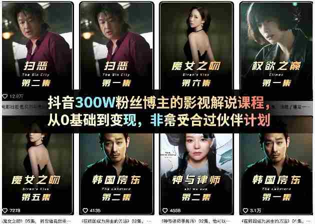 抖音300W粉丝博主的影视解说课程，从0基础到变现，非常适合过伙伴计划