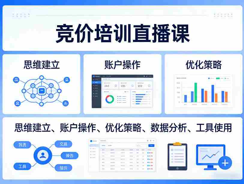 竞价培训直播课，覆盖思维建立、账户操作、优化策略、数据分析、工具使用等，全方位提升效果
