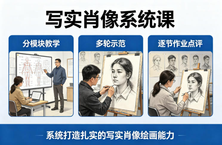wxlx1nv3slr.jpg 写实肖像系统课,全程分模块教学+多轮示范+逐节作业点评,系统打造扎实的写实肖像绘画能力