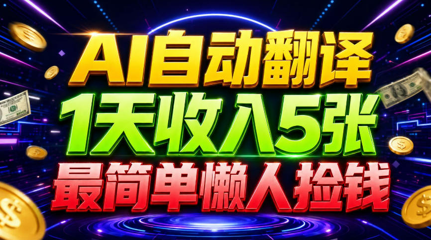 AI自动翻译，1天收入5张，懒人捡钱，最简单美金项目