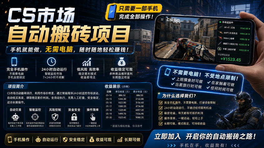 npmiedmj1fh.jpg 手机即可操作的CS市场自动搬砖系统|自动监控|自动下单|日入300+【揭秘】