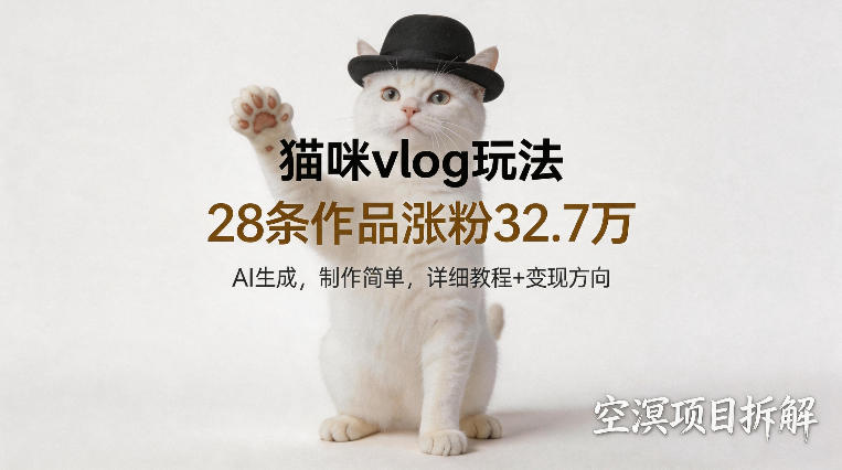 猫咪vlog玩法，28条作品涨粉32.7W，AI生成，制作简单，详细教程+变现方向
