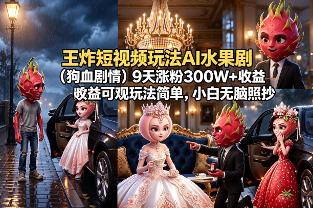 x4cdlcebyhc.jpg 王炸短视频玩法AI水果剧(狗血剧情)9天涨粉300W+收益可观玩法简单,小白无脑照抄,详细拆解玩法
