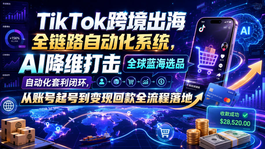 TikTok跨境出海全链路自动化系统，AI降维打击全球蓝海选品自动化套利闭环，从账号起号到变现回款全流程落地（2026年7月）