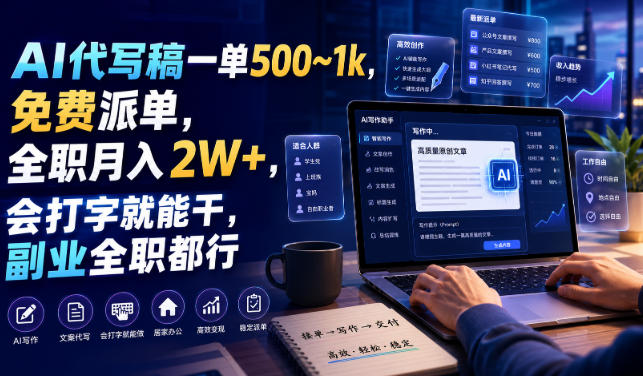 AI代写稿一单500~1k，免费派单，全职月入2W+，会打字就能干，副业全职都行【揭秘】