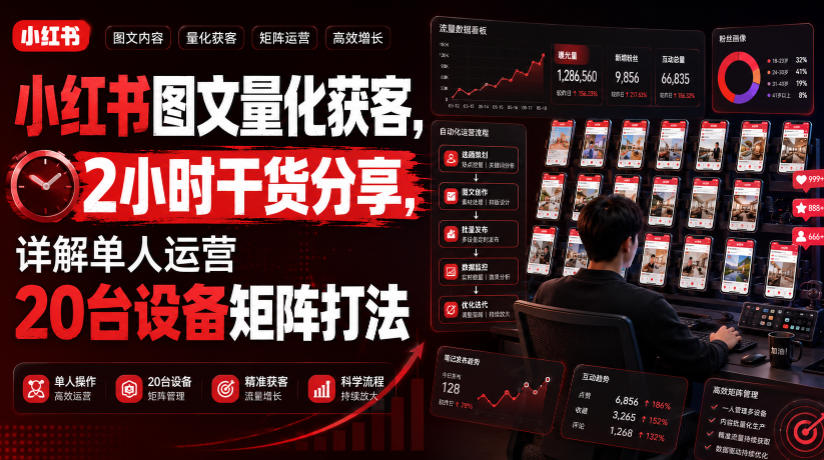 小红书图文量化获客，2小时干货分享，详解单人运营20台设备矩阵打法