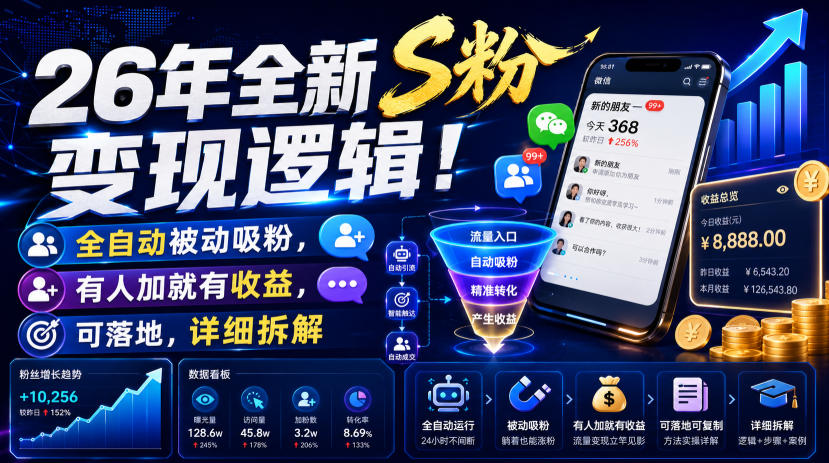 26年全新S粉变现逻辑！全自动被动吸粉，有人加就有收益，可落地，详细拆解