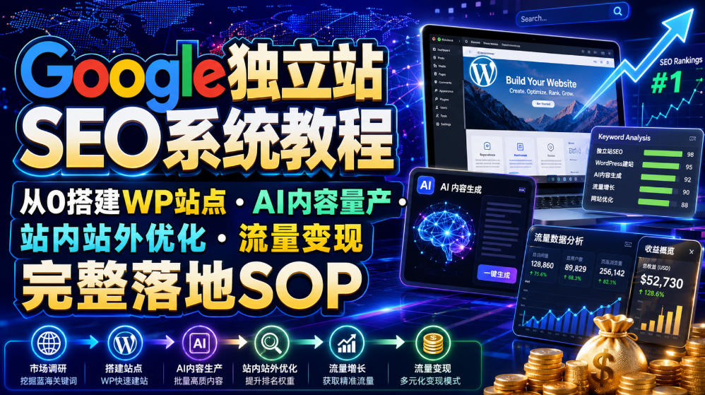 Google独立站SEO系统教程，从0搭建WP站点・AI内容量产・站内站外优化・流量变现完整落地SOP（2026年7月）