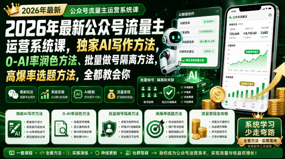 mrcv2ezqdq0.jpg 2026年最新公众号流量主运营系统课,独家AI写作方法,0-AI率润色方法、批量做号隔离方法、高爆率选题方法,全都教会你
