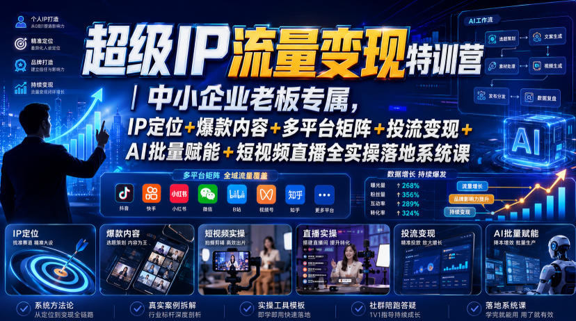 mxx0lzgvldv.jpg 超级IP流量变现特训营|中小企业老板专属,IP定位+爆款内容+多平台矩阵+投流变现+AI批量赋能+短视频直播全实操落地系统课