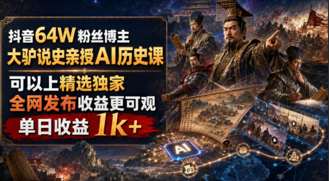 rdm50c3iah5.jpg 抖音64W粉丝博主大驴说史亲授AI历史课,可以上精选独家,全网发布收益更可观,单日收益1k+