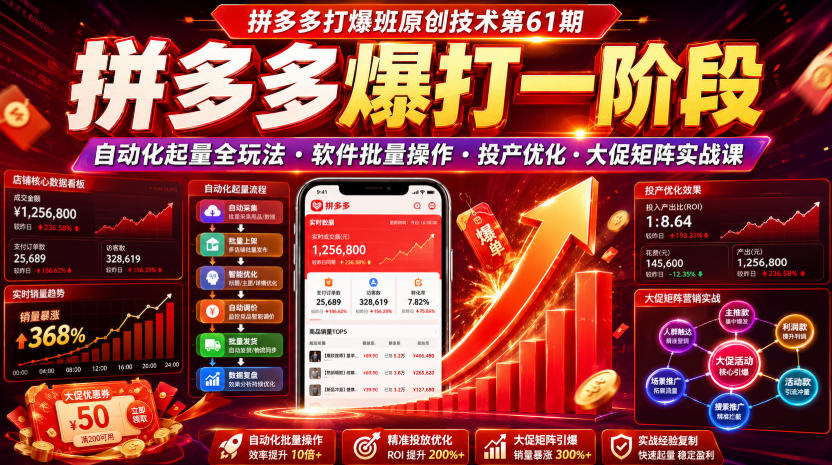 ru04u1srrlo.jpg 拼多多打爆班原创技术第61期,拼多多爆打一阶段,自动化起量全玩法・软件批量操作・投产优化・大促矩阵实战课