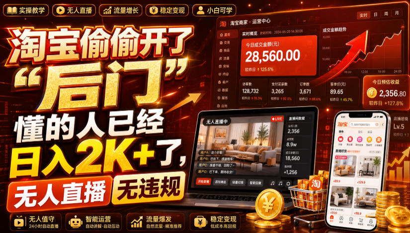 淘宝偷偷开了“后门”，懂的人已经日入2K+了，无人直播无违规，一台电脑=一家24小时营业的线上门店【揭秘】