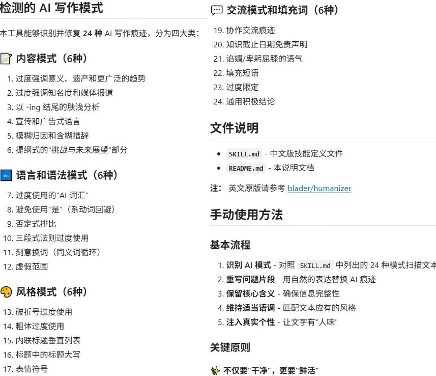 4avjn1p3ed1.jpg 宝藏级 Skill 来了!一键去除生成文章的 AI 味道,简直不要太实用了,Github爆火项目, humanizer-zh