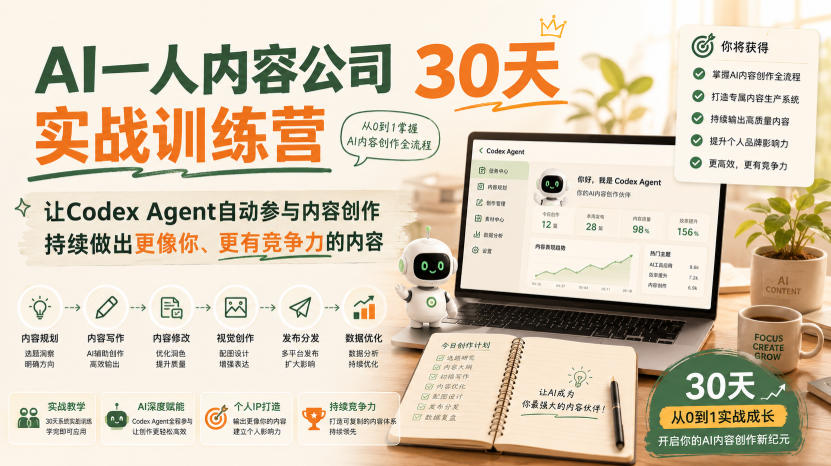 d1xwqm4nzcj.jpg AI一人内容公司30天实战训练营,让Codex Agent自动参与内容创作持续做出更像你、更有竞争力的内容