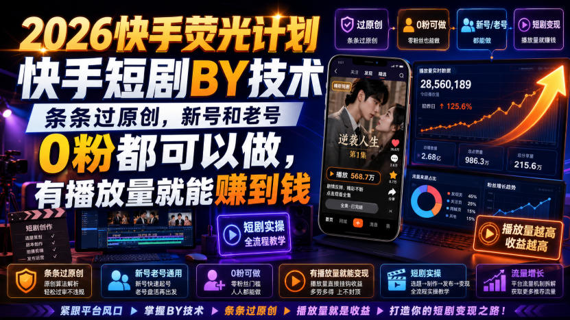 irwhidegkzb.jpg 2026快手荧光计划,快手短剧搬运技术,条条过原创,新号和老号0粉都可以做,有播放量就能賺到钱