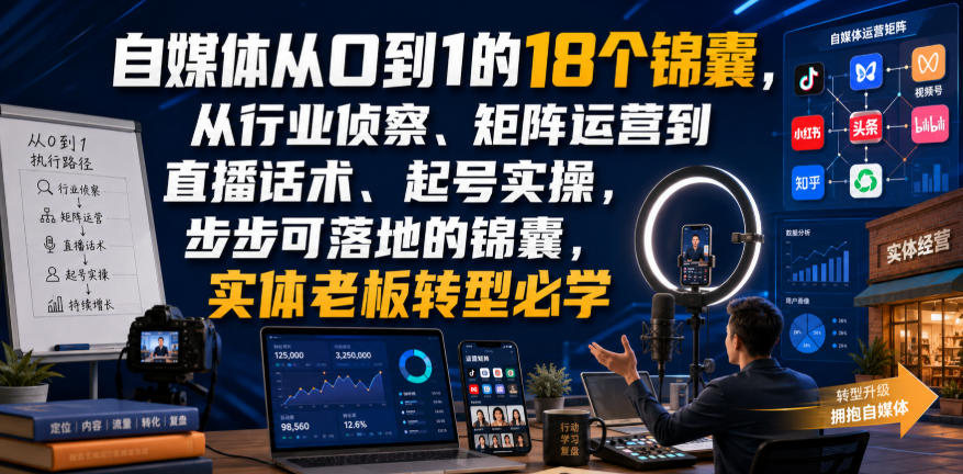 koqi0umk3zw.jpg 自媒体从0到1的18个锦囊,从行业侦察、矩阵运营到直播话术、起号实操,步步可落地的锦囊,实体老板转型必学