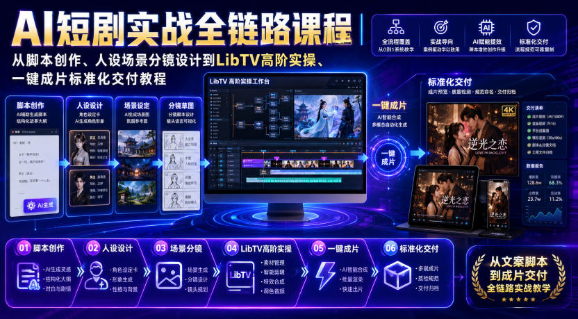 ktggsaqs3bs.jpg AI短剧实战全链路课程|从脚本创作、人设场景分镜设计到LibTV高阶实操、一键成片标准化交付教程