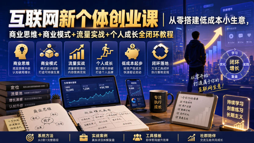 互联网新个体创业课｜从零搭建低成本小生意，商业思维+商业模式+流量实战+个人成长全闭环教程